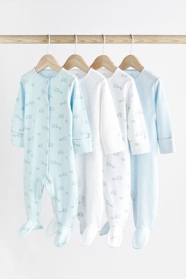 Pale Blue 4 Pack Elephant Baby Sleepsuits (0-2yrs)
