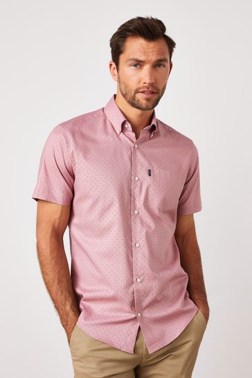Dusky Pink Print Regular Fit Short Sleeve Easy Iron Button Down Oxford Shirt