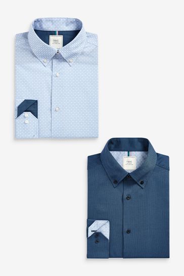 Navy Blue Print Slim Fit Single Cuff Shirts 2 Pack