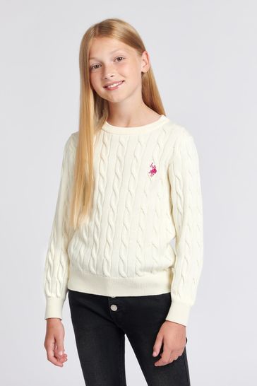 U.S. Polo Assn. Girls Cream Cable Knit Jumper