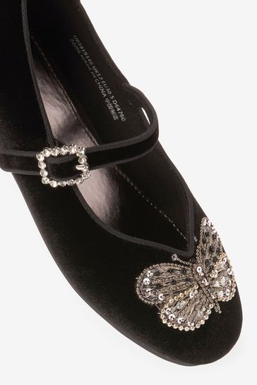 Buy Black Velvet Embellished Butterfly Occasion Mary Jane Shoes