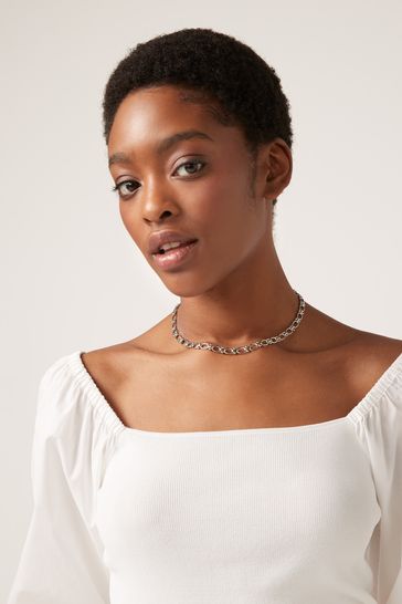 Silver Tone Link Chain Choker Necklace