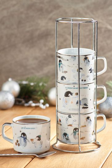 Set of 4 Grey/Silver Penguin Stacking Mugs