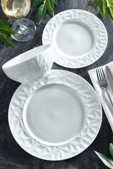 White Mode Embossed 12 Piece Dinner Set