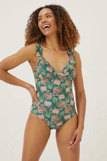 FatFace Green Paradise Frill Swimsuit