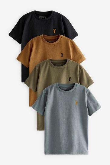 Grey/Black/Khaki Green/Tan Brown Short Sleeve Stag Embroidered T-Shirts 4 Pack (3-16yrs)