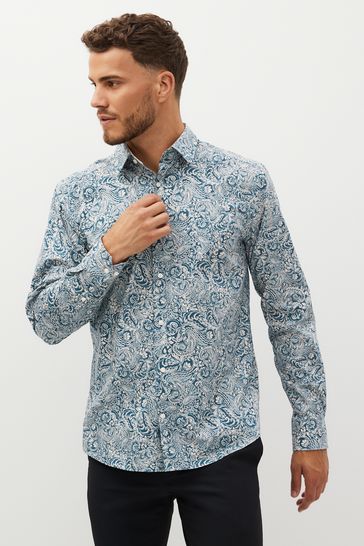 Neutral/Blue Paisley Regular Fit Printed Trimmed Shirt