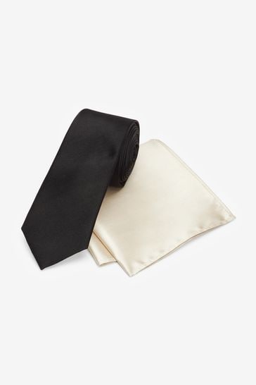 Black/Ivory Cream Slim Silk Tie And Pocket Square Set