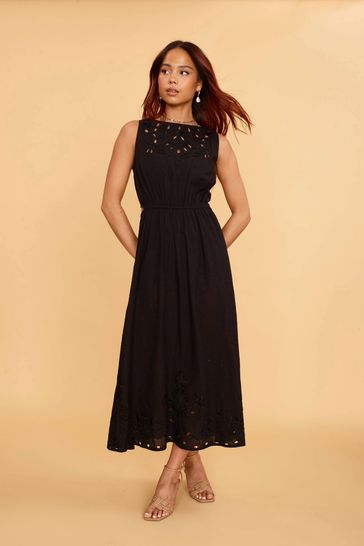 Another Sunday Midi Dress With Broderie Cut-Out In Black