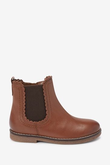 Tan Brown Leather Scallop Premium Chelsea Boots