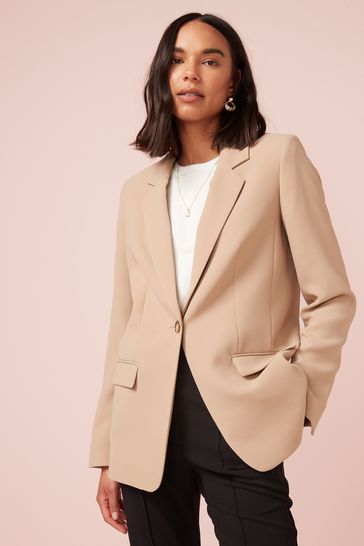 Taupe Neutral Single Breasted Crepe Blazer Jacket