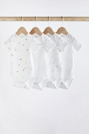 White Bright Animal 4 Pack Baby Printed Short Sleeve Bodysuits