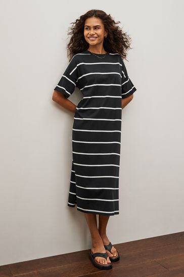Black Supima 100% Cotton Striped T-Shirt Dress