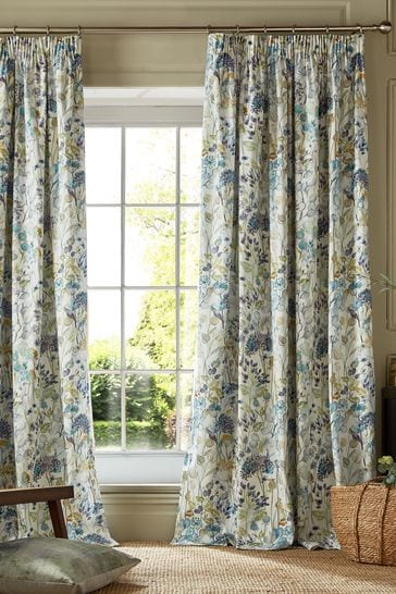 Voyage Sky Blue Country Hedgerow Pencil Pleat Curtains