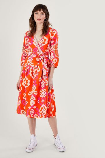 Monsoon Orange Aspen Wrap Dress in Linen Blend