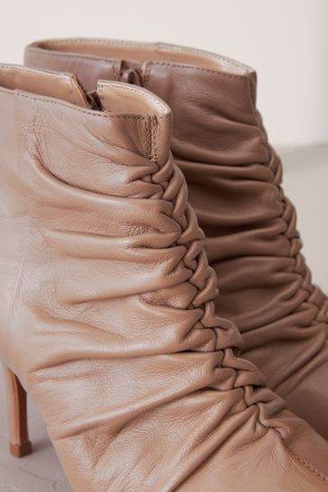 Nude Signature Leather Point Toe Ruched Ankle Boots