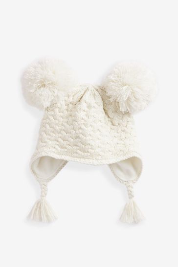 Cream Double Pom Baby Trapper Hat (0mths-2yrs)