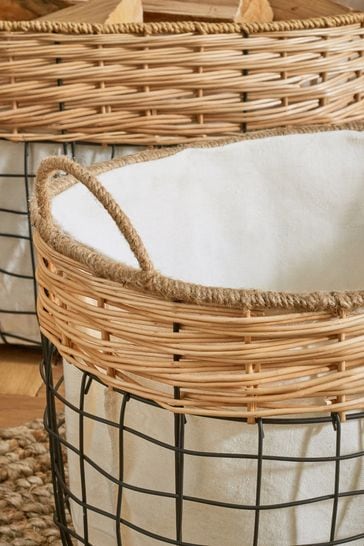 Set of 2 Black Wire and Wicker Storage Baskets