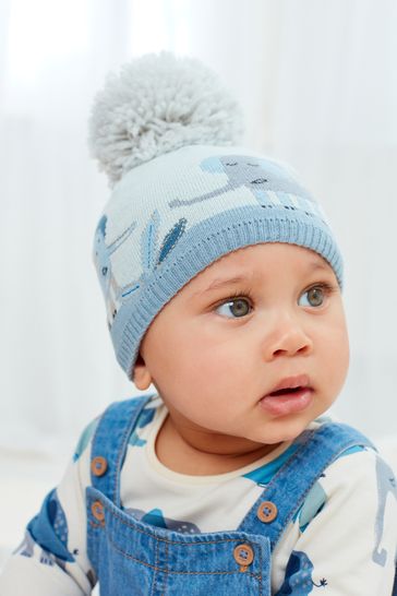 Blue Elephant Knitted Baby Pom Hat (0mths-2yrs)
