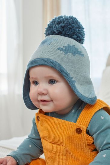 Blue Dinosaur Knitted Trapper Baby Hat (0mths-2yrs)