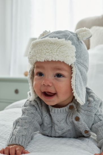 Grey Fleece Lined Baby Trapper Winter Hat (0mths-2yrs)