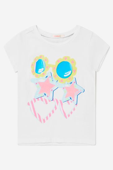Girls Cotton Sunglasses Print T-Shirt in White