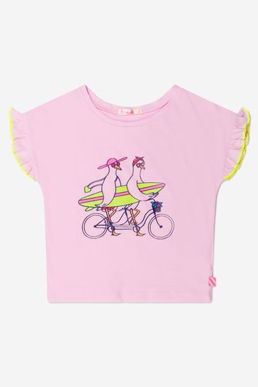 Girls Pink Cotton Surfer Seagulls T-Shirt