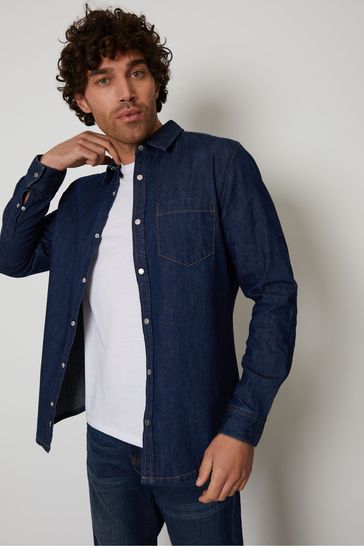 Threadbare Dark Blue Denim Long Sleeve Cotton Shirt