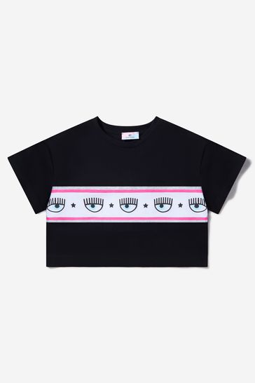 Girls Cotton Jersey Cropped Logo T-Shirt in Black