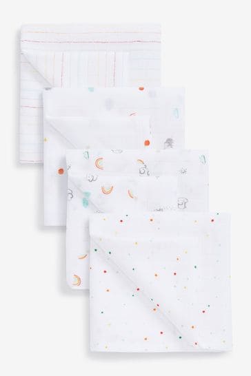 White Bright Rainbow Print Baby Muslin Squares 4 Pack