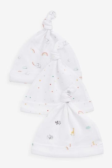 White Bright Rainbow Print 3 Pack Baby Tie Top Hats (0-12mths)