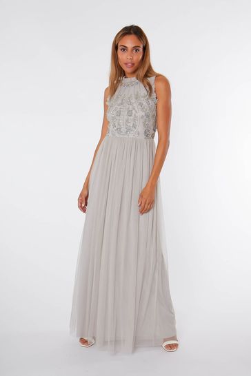 Amelia Rose Grey Embellished Bodice Maxi Dress