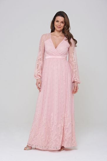 Amelia Rose Pink Wrap Front Lace Maxi Dress