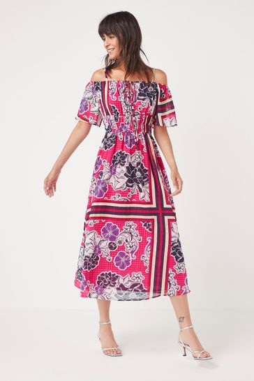 Pink/Red Abstract Floral Sparkle Bardot Midi Dress