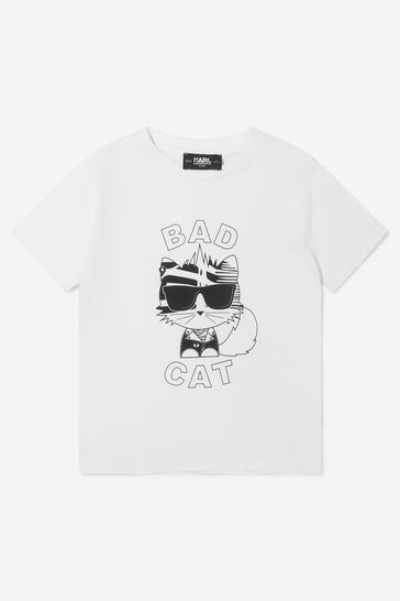 Boys Organic Cotton Bad Cat Print T-Shirt in White