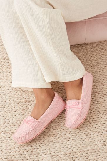 Pink Check Faux Fur Lined Moccasin Slippers