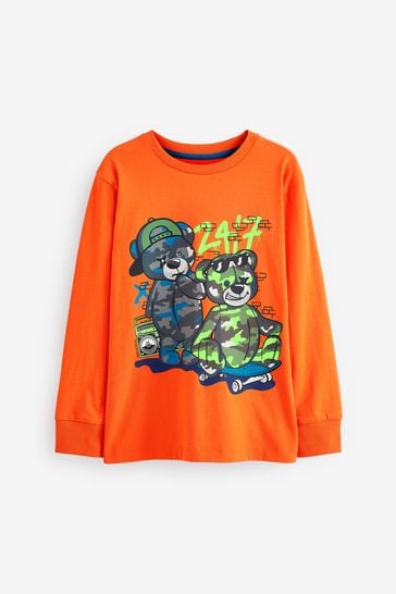 Orange Camo Teddy Bear Long Sleeve Graphic T-Shirt (3-16yrs)