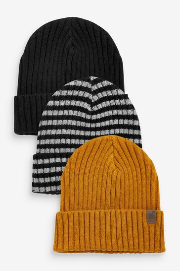 Black/Grey/Ochre Yellow 3 Pack Knitted Rib Beanies (1-16yrs)