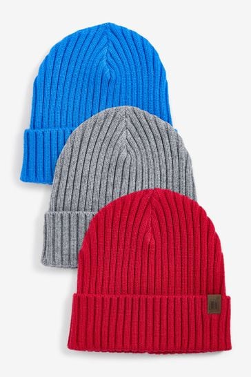 Red/Blue 3 Pack Knitted Rib Beanies (1-16yrs)