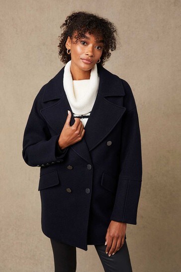 Double Ted Pea Coat, Navy Blue Pea Coat With Hood