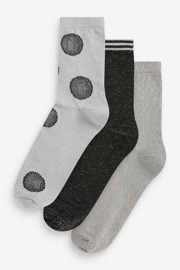 Silver/Black Metallic Thread Sparkle Socks 3 Pack