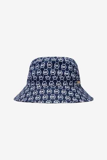Girls Cotton All Over Logo Bucket Hat in Navy
