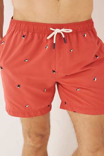 FatFace Red Trevose Puffin Embroidery Swimmers Shorts