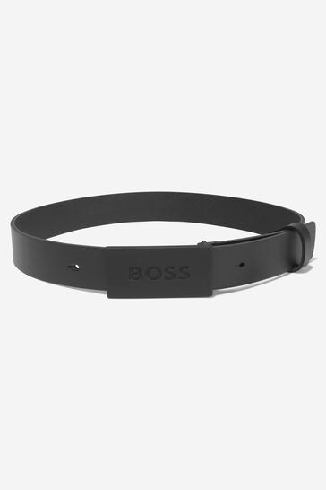 Boys Leather Belt With Branded Buckle in Black