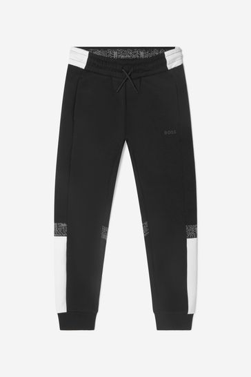 Boys Cotton Patterned Logo Print Joggers in Black