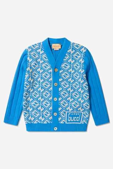 Boys Cotton and Wool Geometric Print Cardigan in Blue