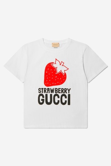 Girls Cotton Strawberry Print T-Shirt in White