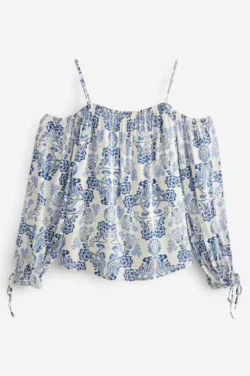 Buy White and Blue Floral Bardot Top from Next Luxembourg