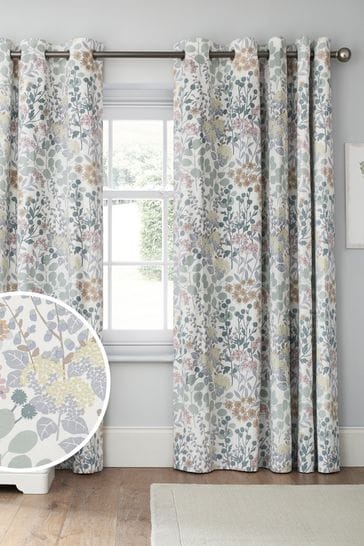 Blue/Green Nordic Floral Print Eyelet Super Thermal Lined Curtains