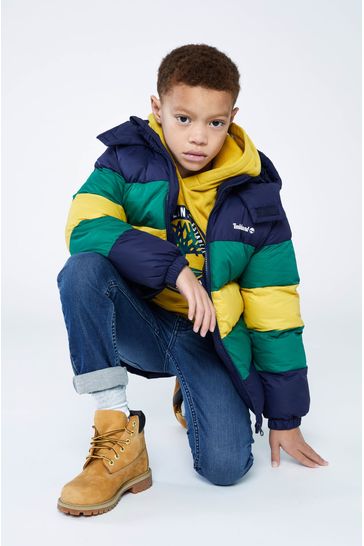 Timberland Navy Green and Yellow Colourblock Logo Puffer Jacket